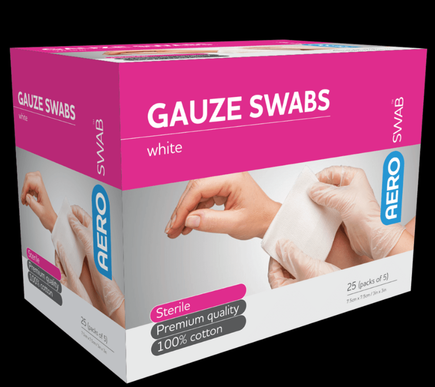 AEROSWAB Sterile White Gauze Swab 7.5 x 7.5cm (Packs of 5) Box/25